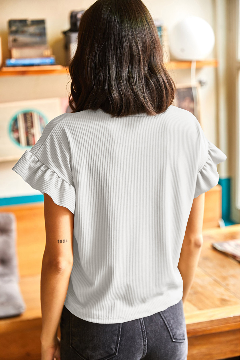 White Solid Color Ribbed Ruffled Short Sleeve T Shirt - Image 2