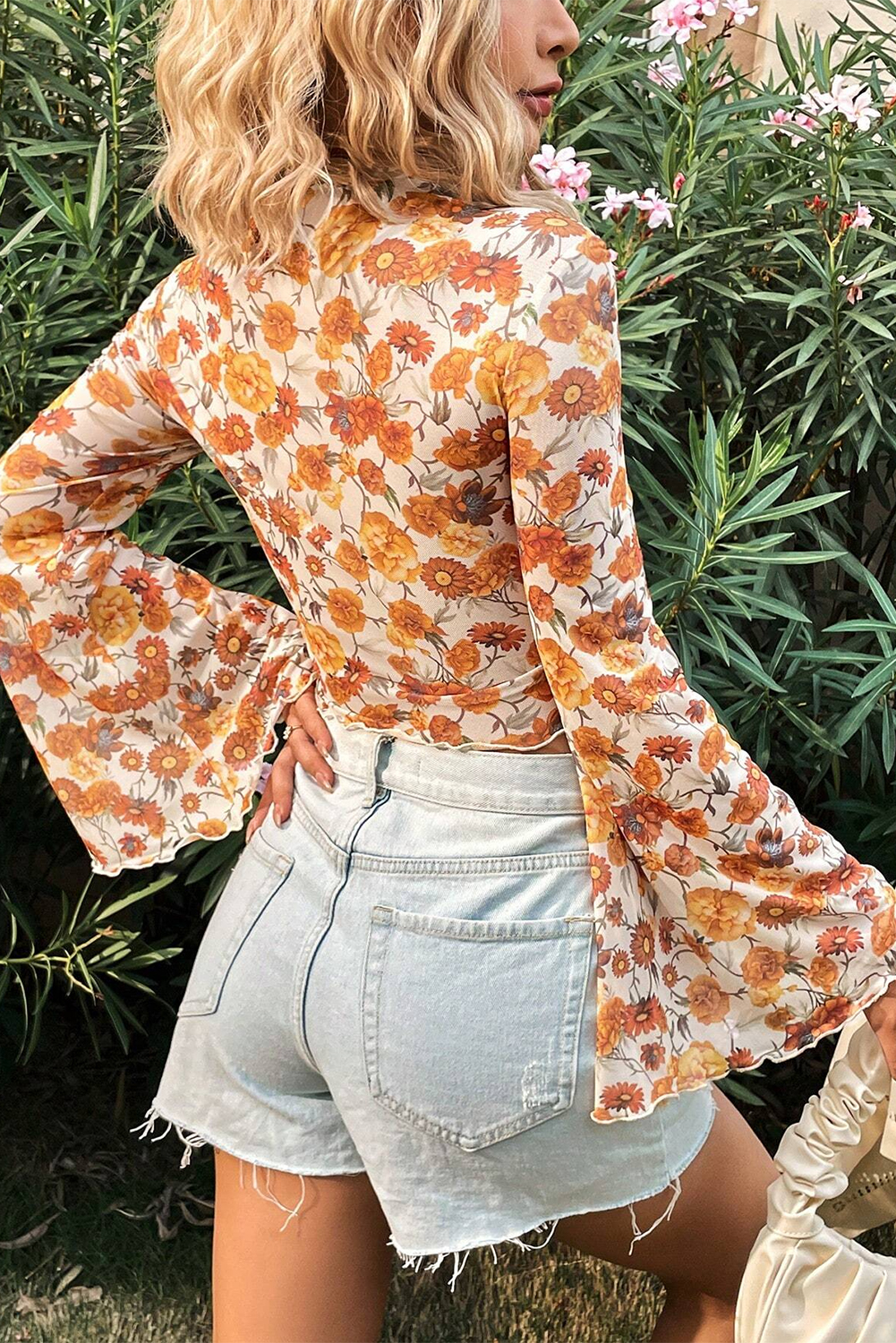 Orange Floral Printed Bell Sleeve Mock Neck Scallop Trim Blouse - Image 2