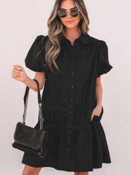 Black Shirt Style Button Down Puff Sleeve Ruffle Hem Dress