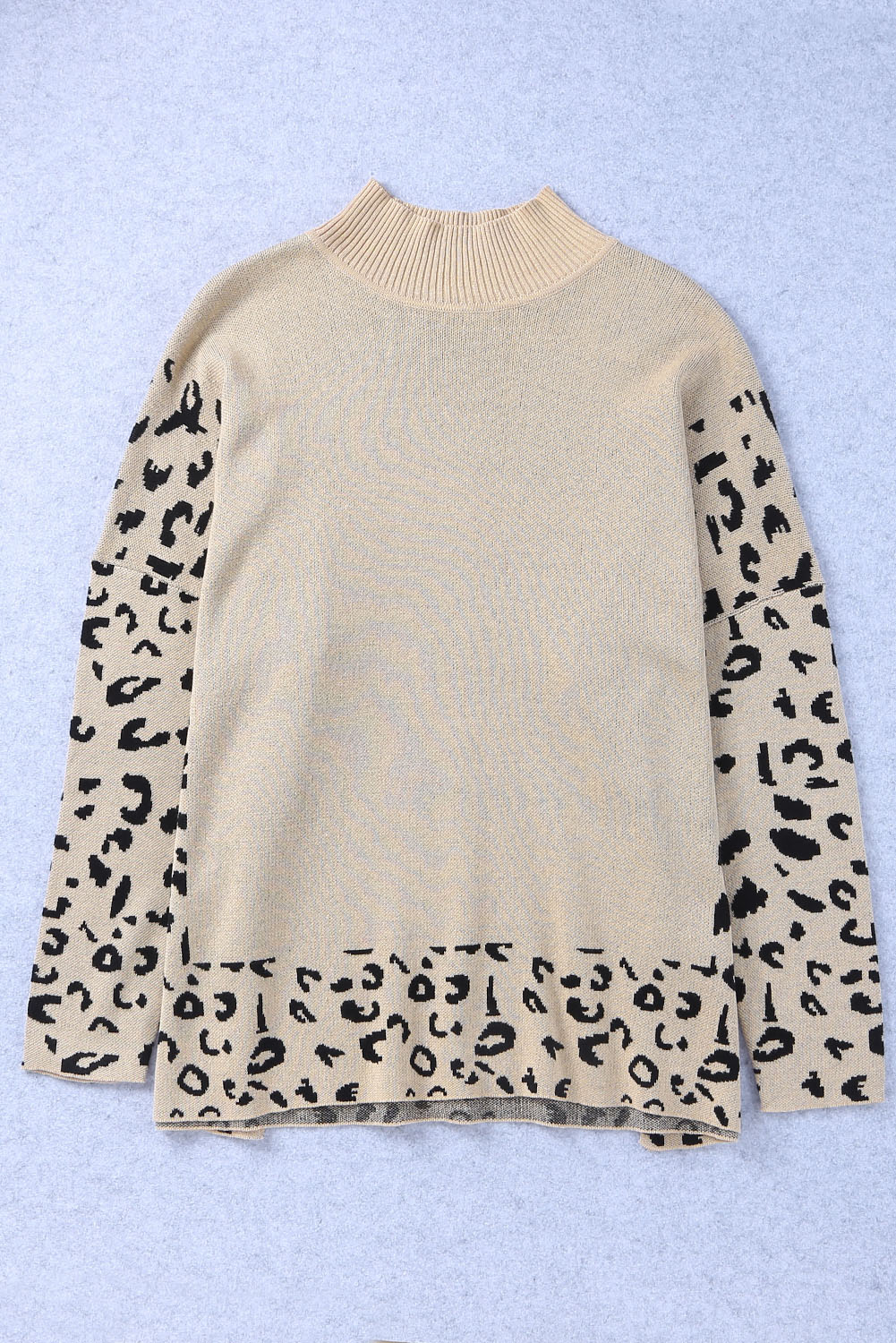 Khaki Leopard High Neck Side Slit Oversized Sweater - Image 8