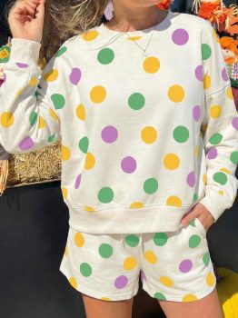 Multicolour Polka Dot Print Drop Shoulder Pullover Drawstring Shorts Set