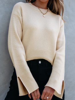 Parchment Solid Textured Knit Split Cuff Drop Shoulder Loose Sweater