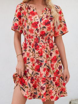 Red Floral Print Wrap V Neck Short Sleeve High Waistband Mini Dress
