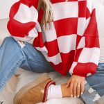 Fiery Red Checkered Bishop Sleeve Sweater