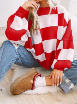 Fiery Red Checkered Bishop Sleeve Sweater