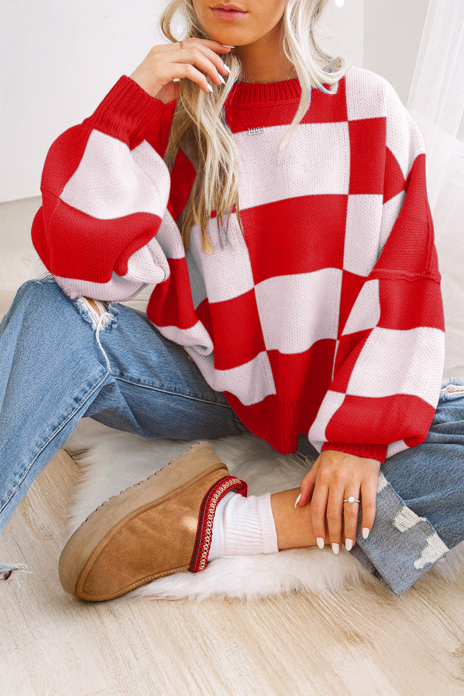 Fiery Red Checkered Bishop Sleeve Sweater