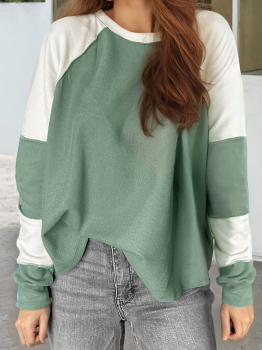 Mint Green Ribbed Colorblock Patchwork Raglan Long Sleeve Top