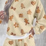 Beige Gingerbread Man Christmas Print Long Sleeve Pullover Lounge Short Set