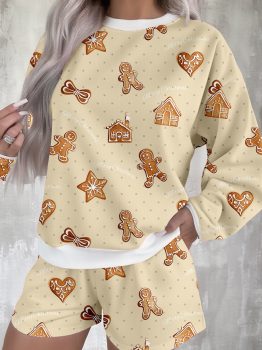 Beige Gingerbread Man Christmas Print Long Sleeve Pullover Lounge Short Set