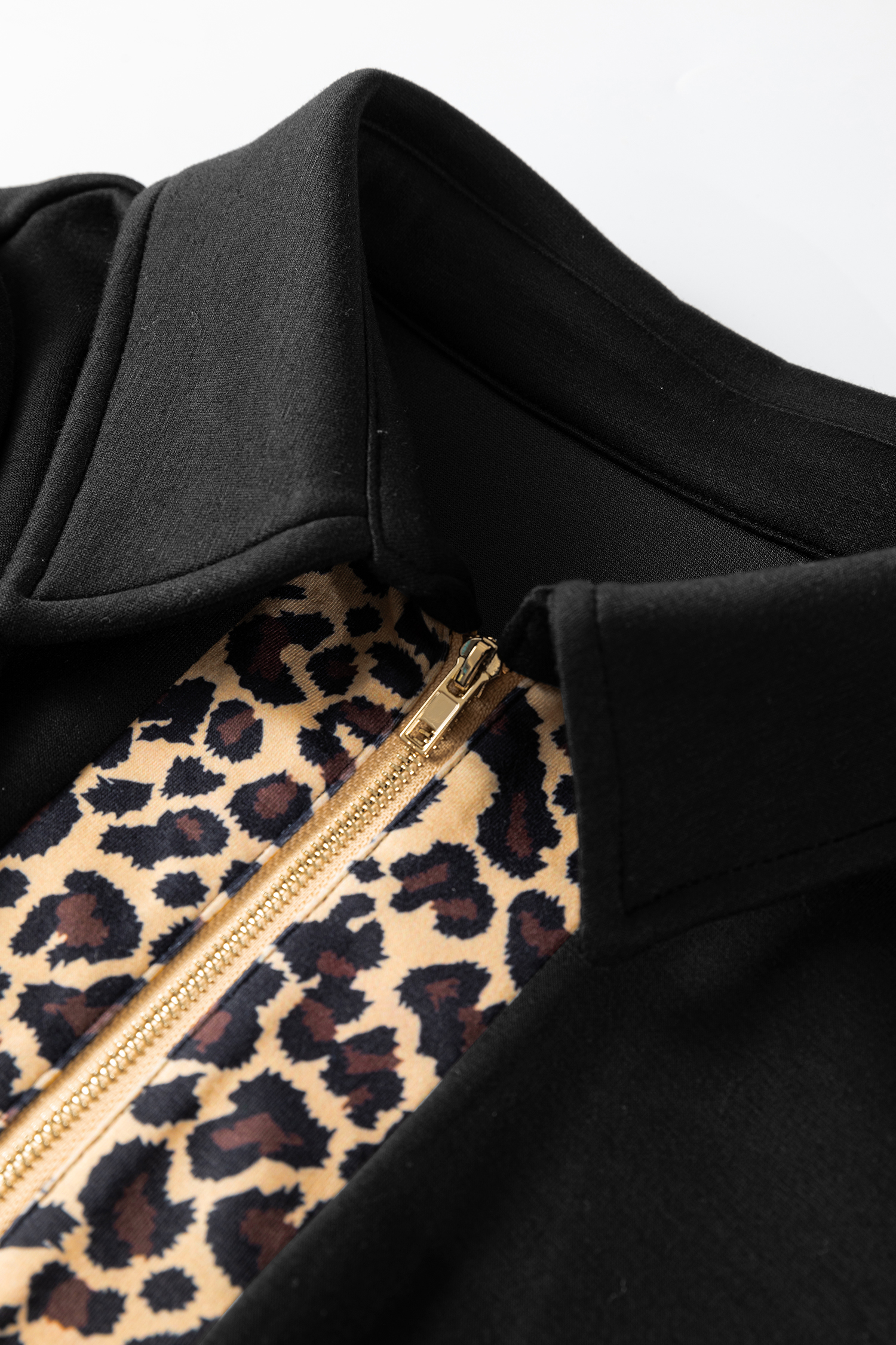 Black Leopard Patchwork Zip Collared Short Puff Sleeve Shift Mini Dress - Image 7