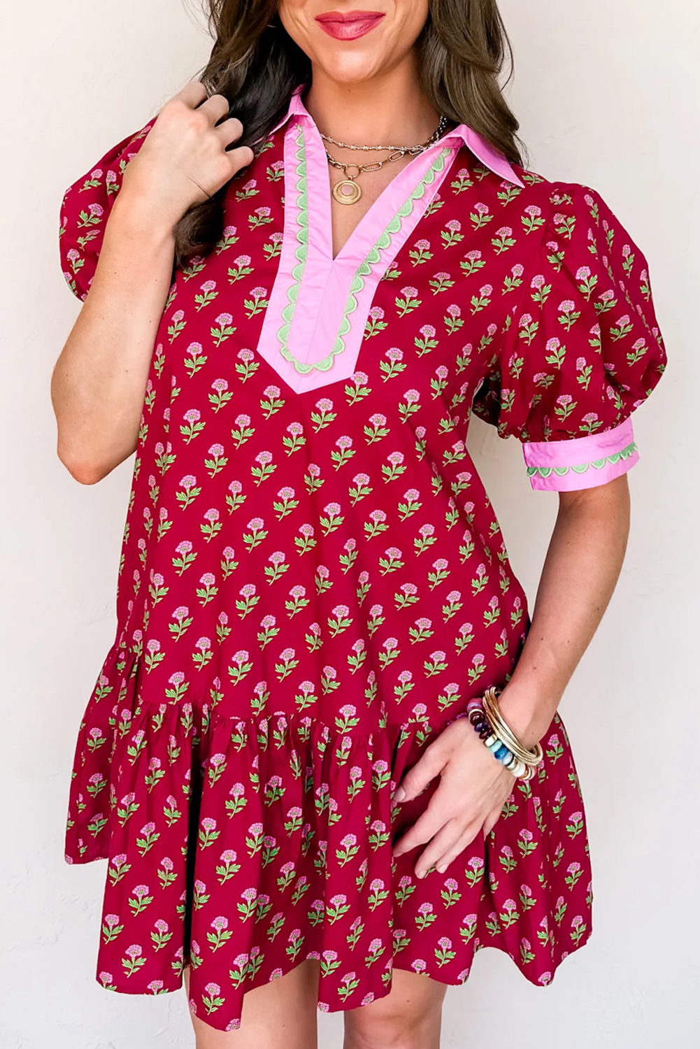 Red Floral Print Contrasted V Neck Short Bubble Sleeve Mini Dress - Image 2