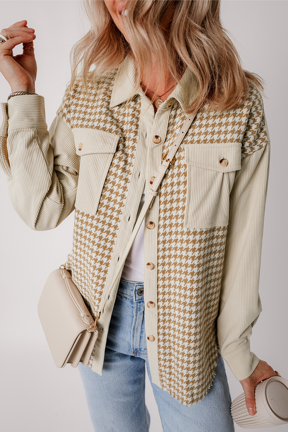 Parchment Houndstooth Corduroy Patchwork Flap Pocket Shacket - Image 3