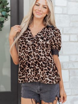 Brown Leopard Print Button Down Lace Trim Short Sleeve Shirt