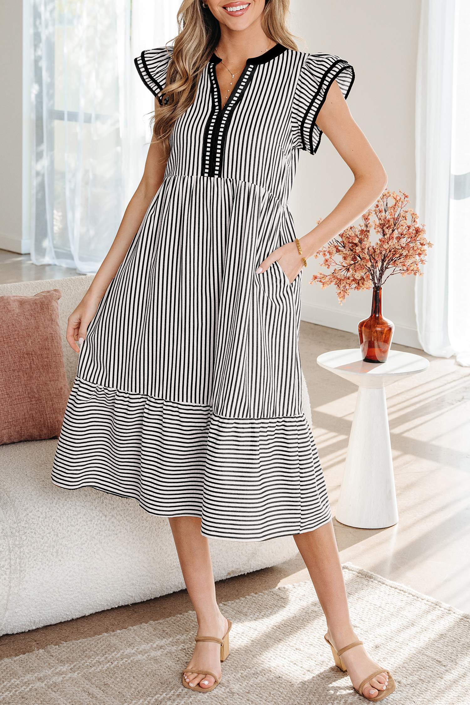 Black Stripe Double Ruffled Short Sleeve Contrast Trim V Neck Midi Dress - Image 5