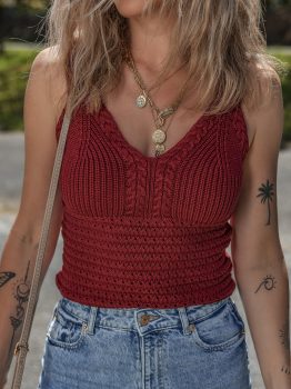 Burgundy Cable Knit Pointelle Slim Fit V Neck Sweater Vest