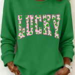 Dark Green LUCKY Clover Letter Printed Loose Pullover Sweatshirt