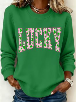 Dark Green LUCKY Clover Letter Printed Loose Pullover Sweatshirt