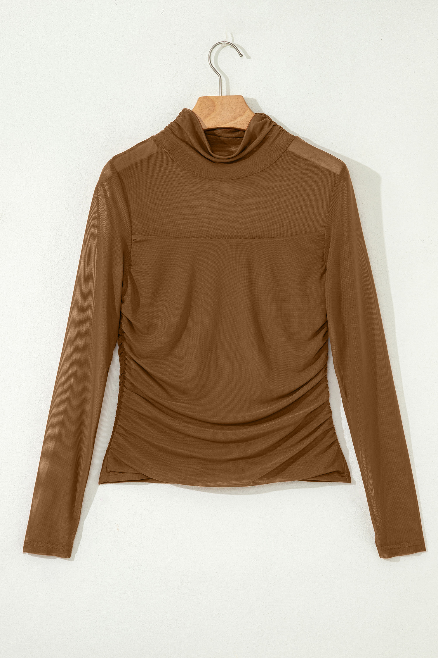 Coffee Sheer Mesh Patchwork High Neck Long Sleeve Top - Image 3