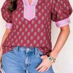 Red Contrast Collared V Neck Ricrac Trim Short Puff Sleeve Flower Blouse