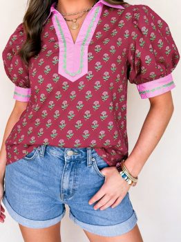 Red Contrast Collared V Neck Ricrac Trim Short Puff Sleeve Flower Blouse