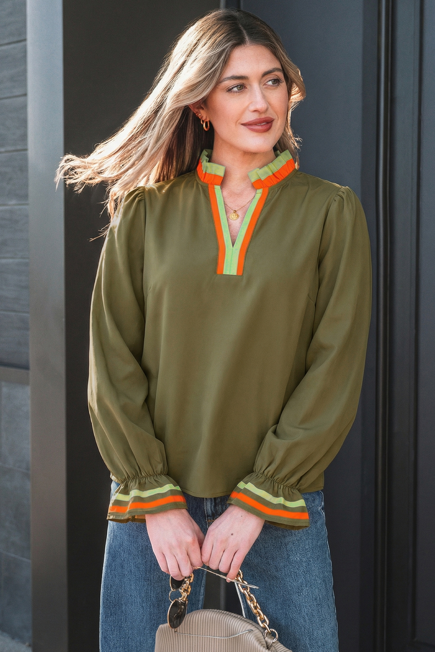 Four Leaf Clover Striped Trim Ruffle Split Neck Long Sleeve Blouse - Image 7