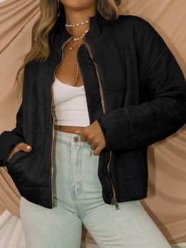 Black Zip-Up Pocket Quilted Jacket
