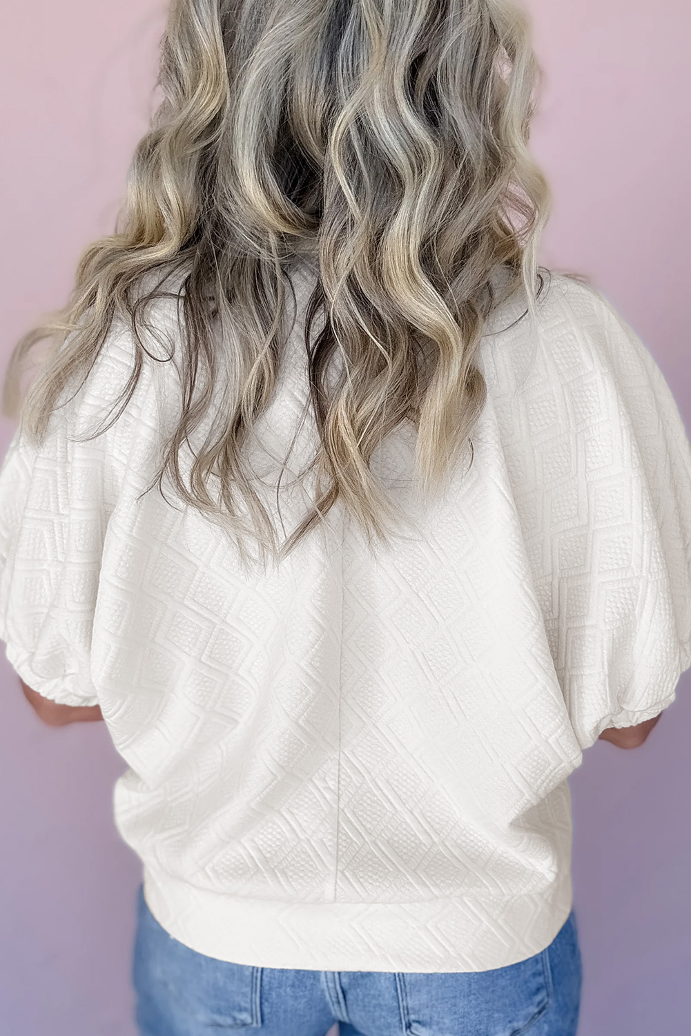 White Contrast Striped Collar Patchwork Textured Half Sleeve Blouse - Image 2