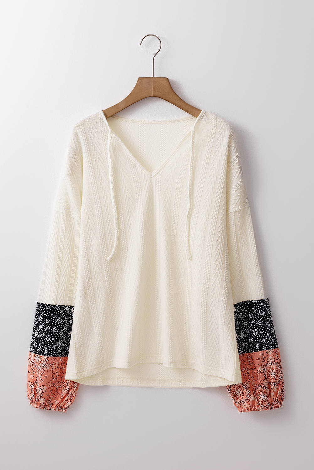 Beige Floral Patchwork Textured Knit Drawstring V Neck Blouse - Image 6