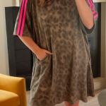 Brown Loose Contrast Striped Accent Leopard T Shirt Mini Dress with Pockets