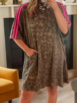 Brown Loose Contrast Striped Accent Leopard T Shirt Mini Dress with Pockets