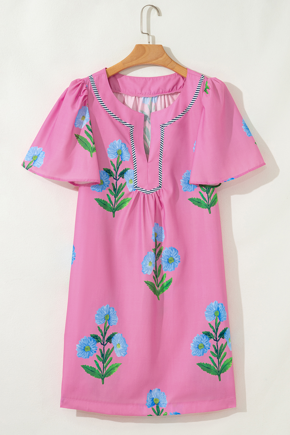 Rose Floral Short Sleeve Split Neck Loose Mini Dress - Image 7