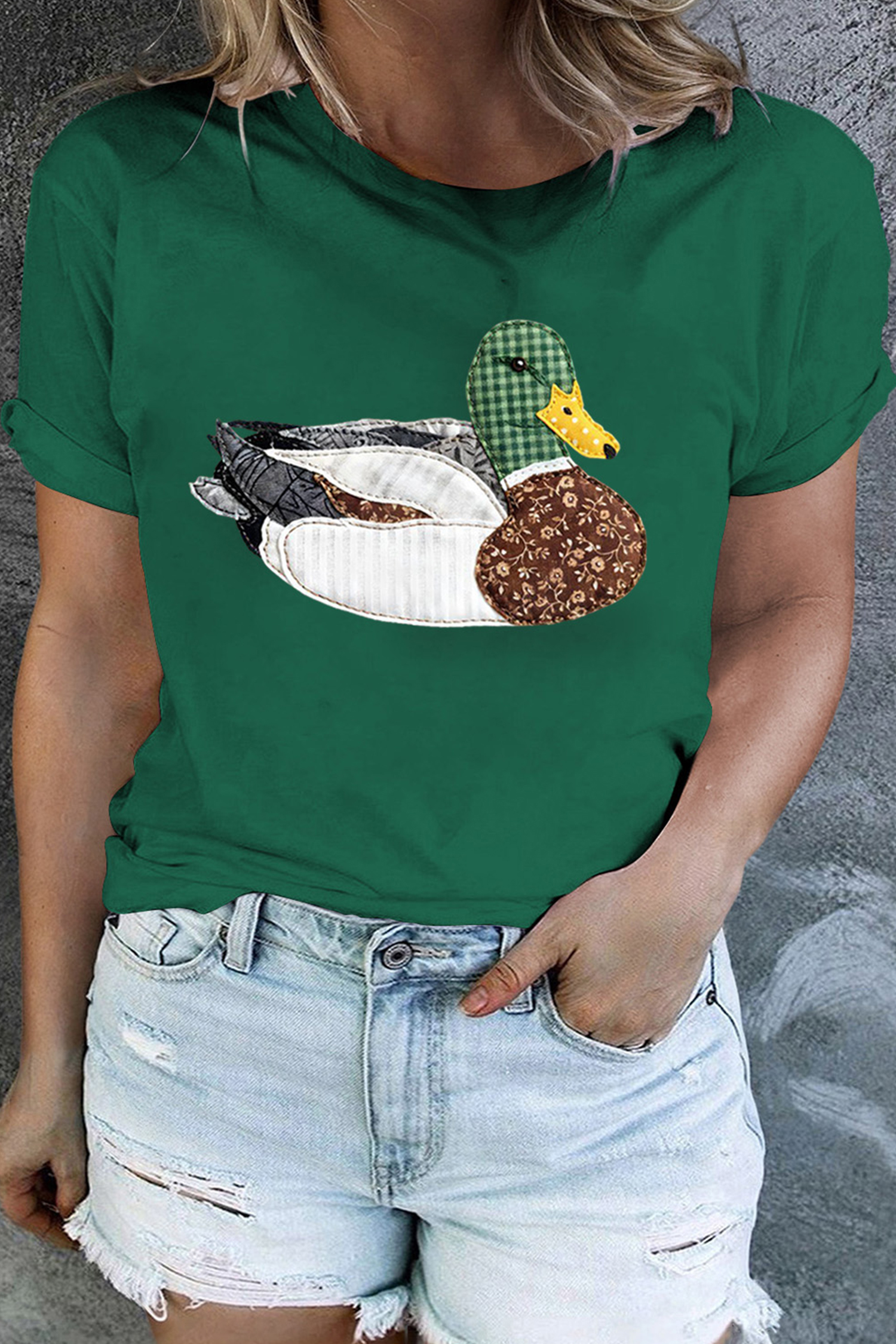 Dark Green Faux Patchwork Mallard Duck Plus Size Graphic Tee - Image 3