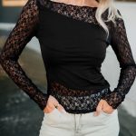 Black Asymmetric Panels Sheer Floral Lace Patchwork Long Sleeve Top