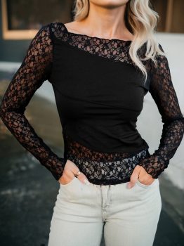 Black Asymmetric Panels Sheer Floral Lace Patchwork Long Sleeve Top