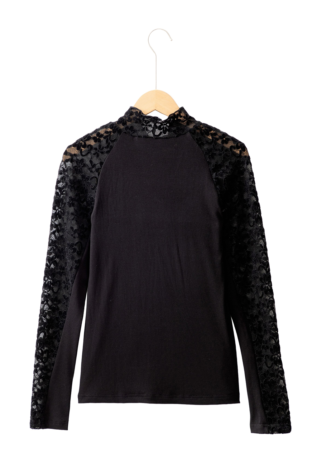 Black Floral Lace Patchwork Long Sleeve High Neck Slim Top - Image 7