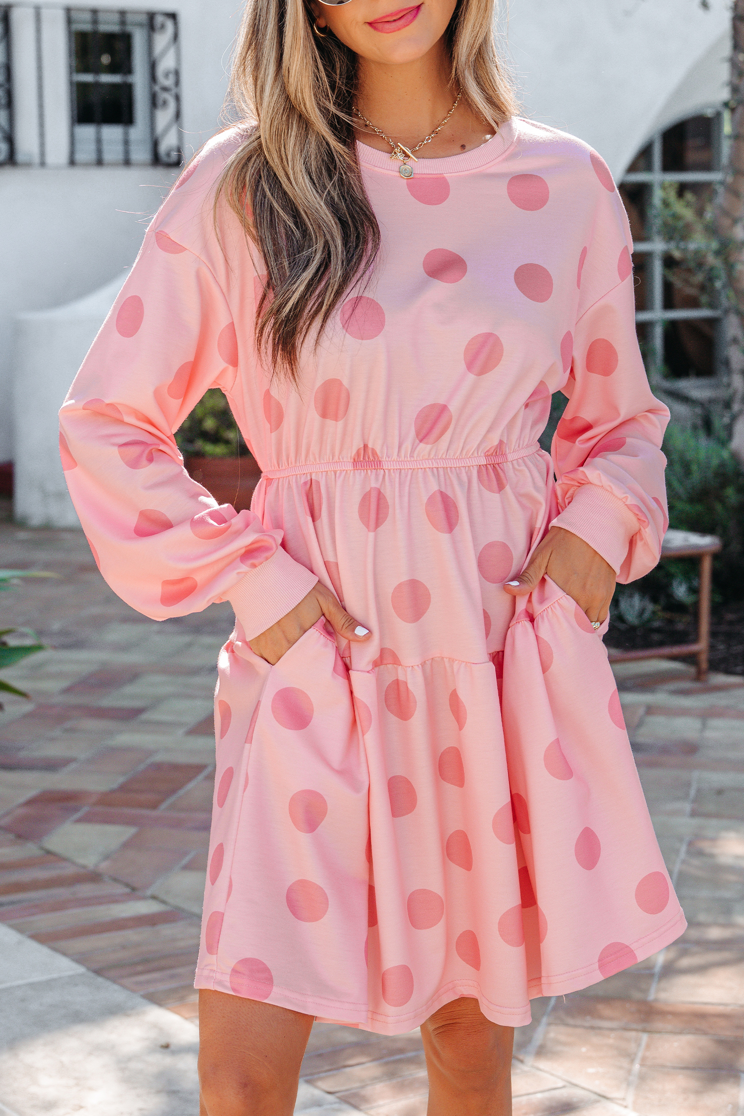 Pink Polka Dot Printed Long Sleeve Flared Mini Dress - Image 6