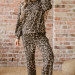 Brown Leopard Print Raw Seam Patchwork Pullover Drawstring Loose Pant Set