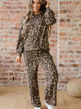Brown Leopard Print Raw Seam Patchwork Pullover Drawstring Loose Pant Set