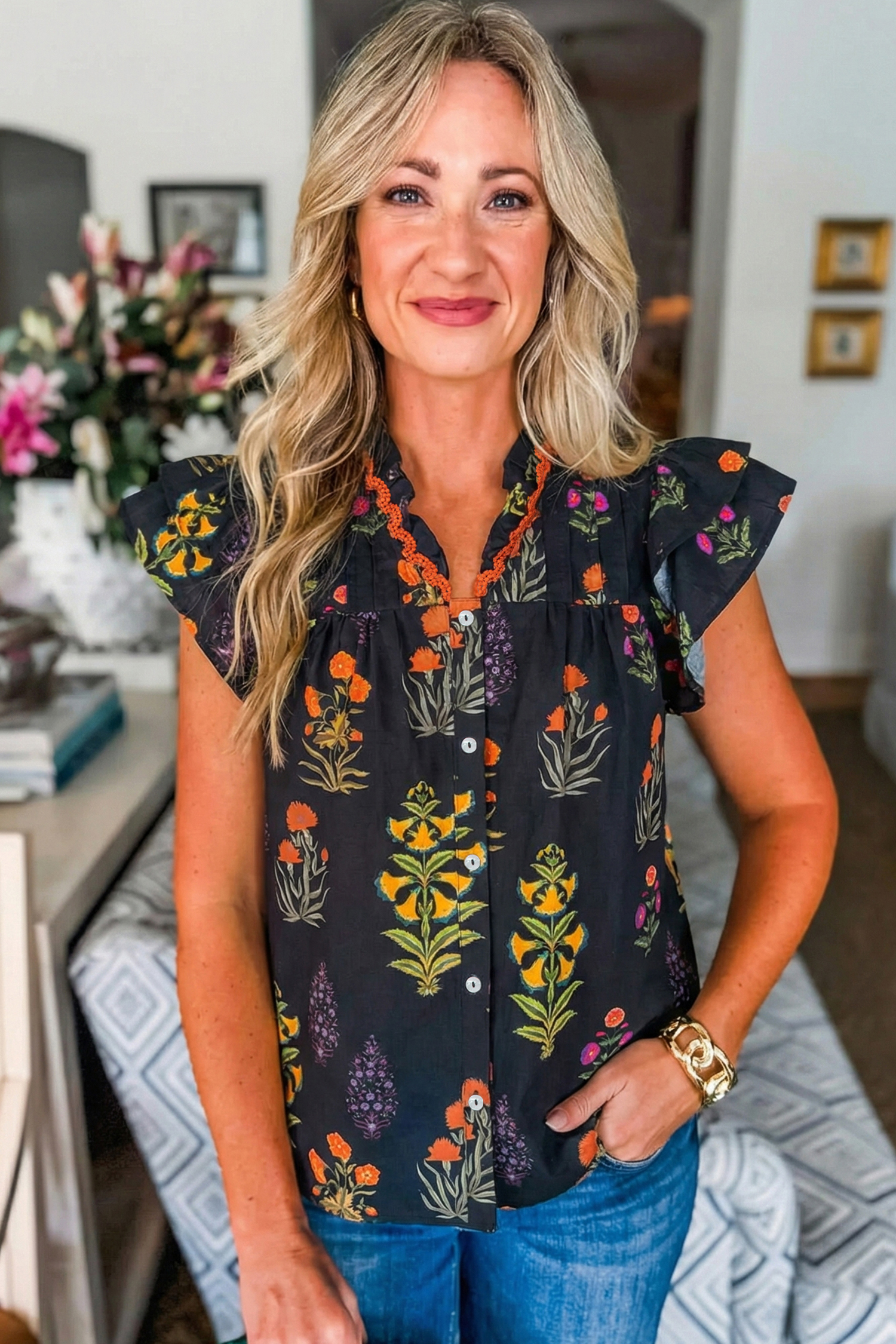 Black Floral Print Lace Trim Frilled V Neck Short Sleeve Shirt - Image 4