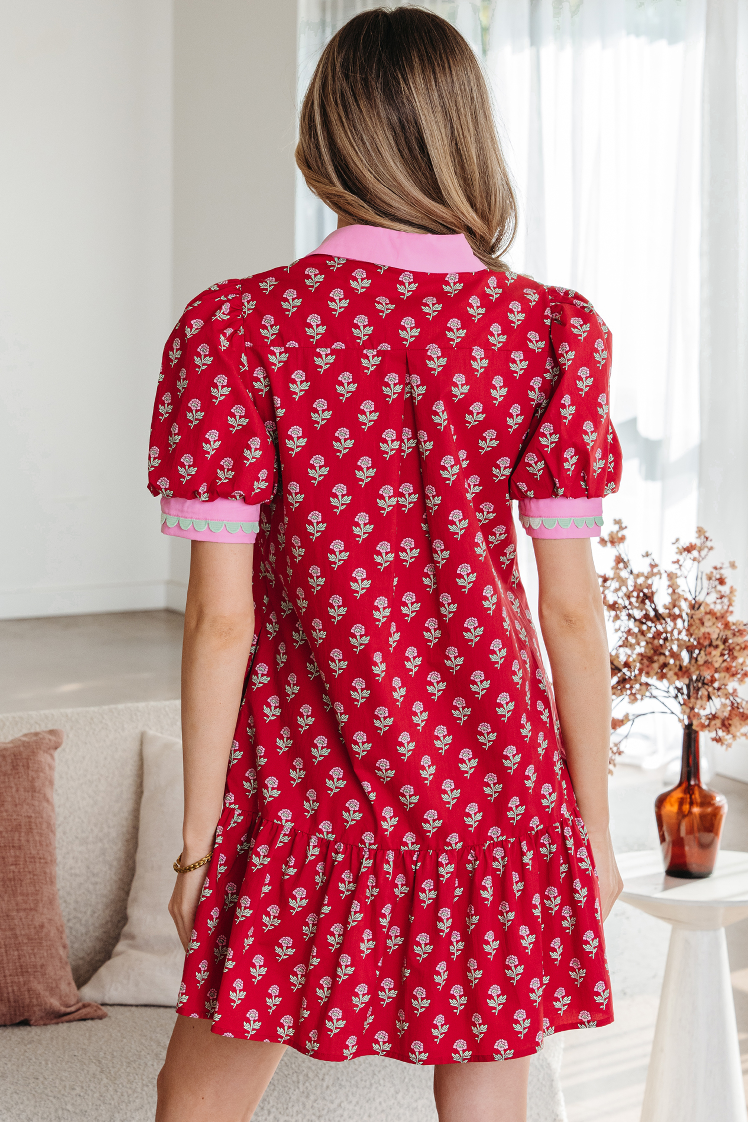 Red Floral Print Contrasted V Neck Short Bubble Sleeve Mini Dress - Image 4
