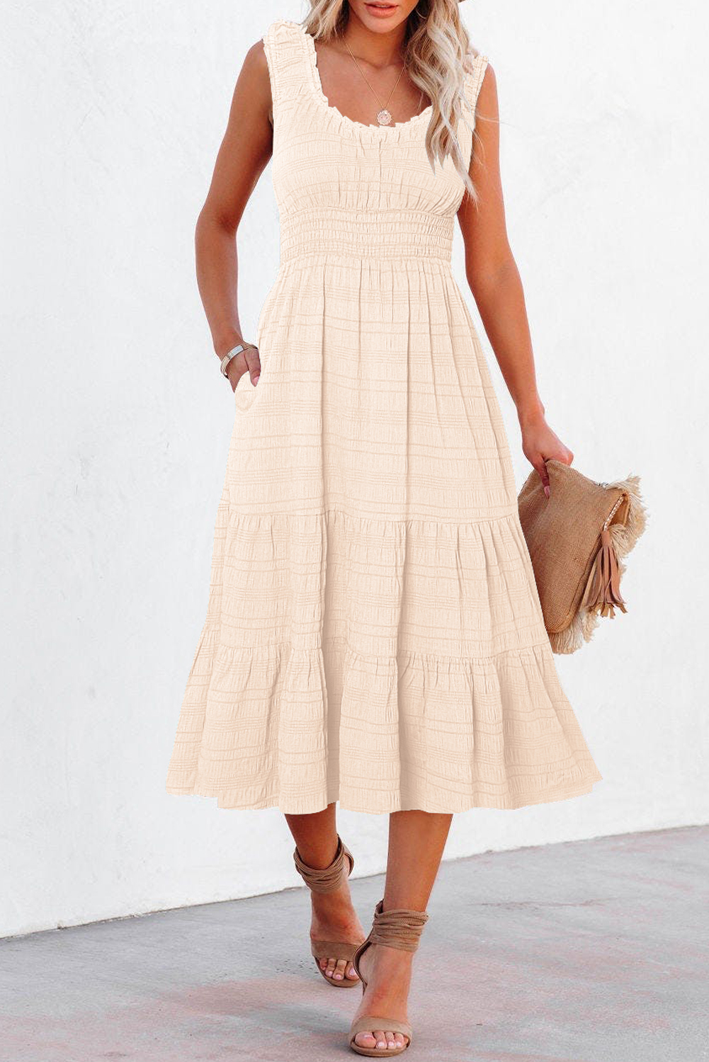 Apricot Shirred Pleated Square Neck Sleeveless Midi Dress - Image 5