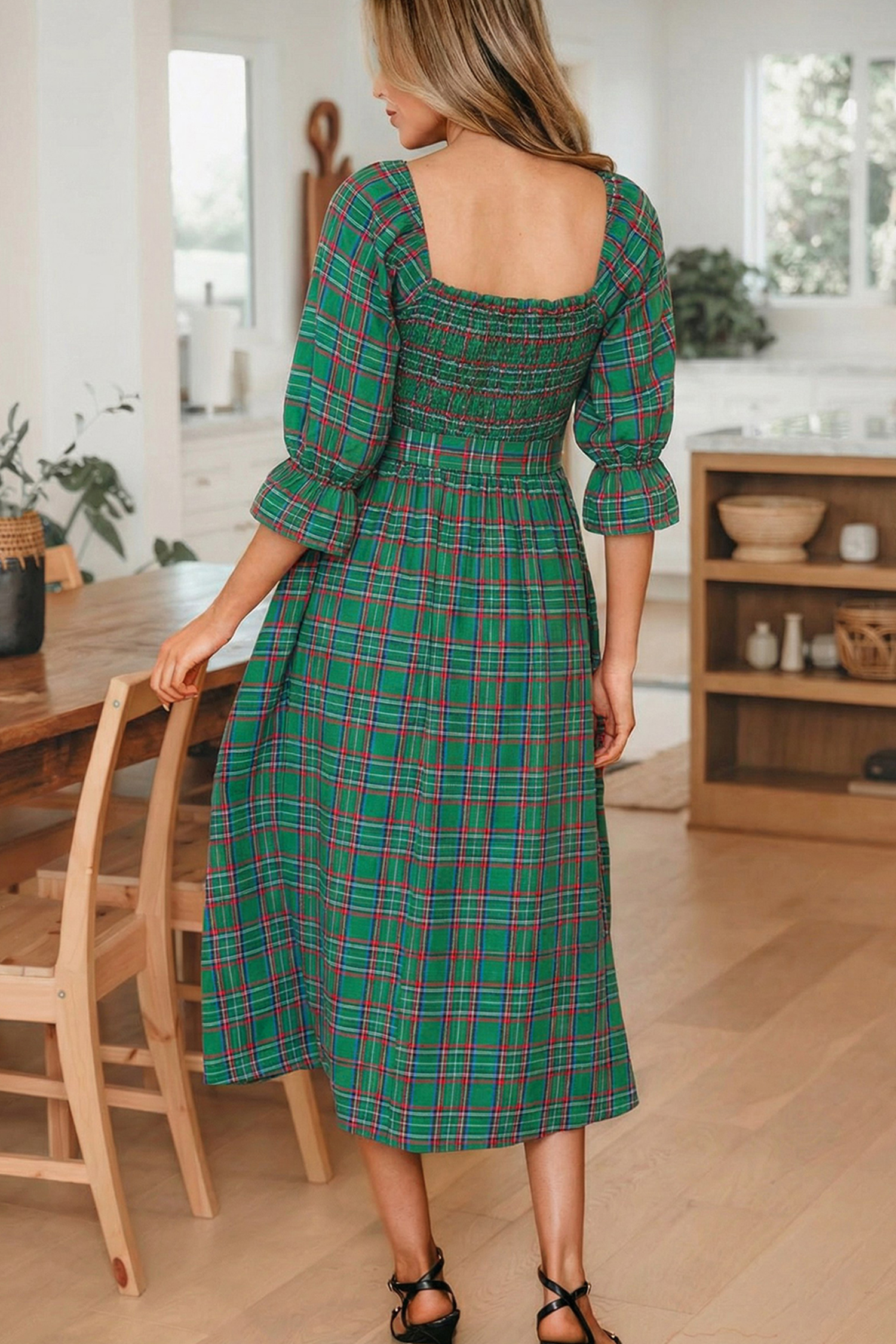 Green Tartan Plaid Square Neck Puff Sleeve Knot Waist Flared Midi Dress - Image 2
