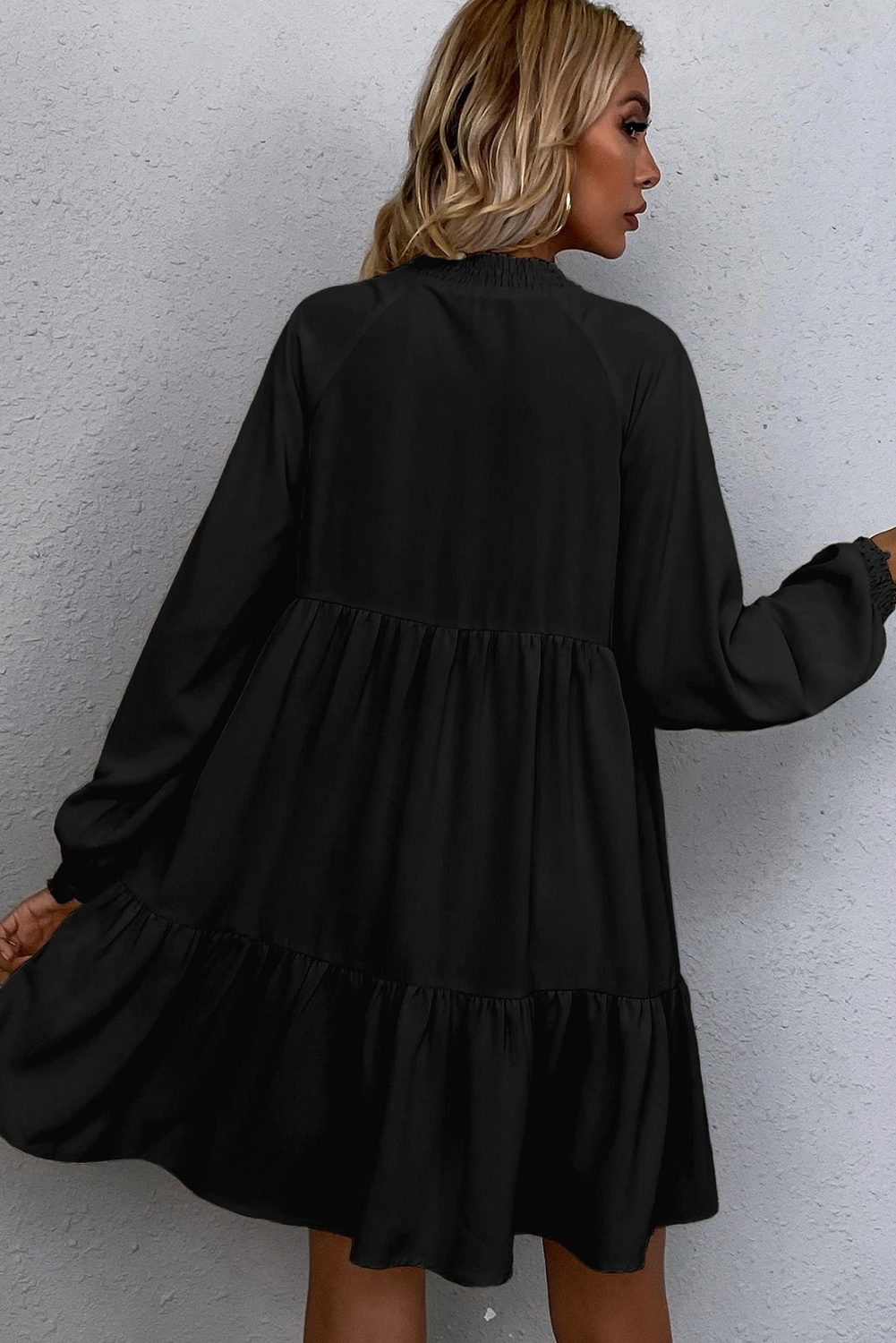 Black Tie Split Neck Smocked Detail Long Puff Sleeve Ruffle Hem Loose Dress - Image 2