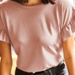 Dusty Pink Solid Color Ribbed Ruffled Short Sleeve T Shirt
