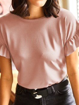 Dusty Pink Solid Color Ribbed Ruffled Short Sleeve T Shirt