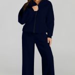 Navy Blue Drop Shoulder Zip Up Jacket Drawstring Pants Active 2pcs Set
