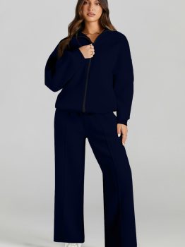 Navy Blue Drop Shoulder Zip Up Jacket Drawstring Pants Active 2pcs Set