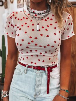 Red Allover Heart Print Mesh Short Sleeve Top