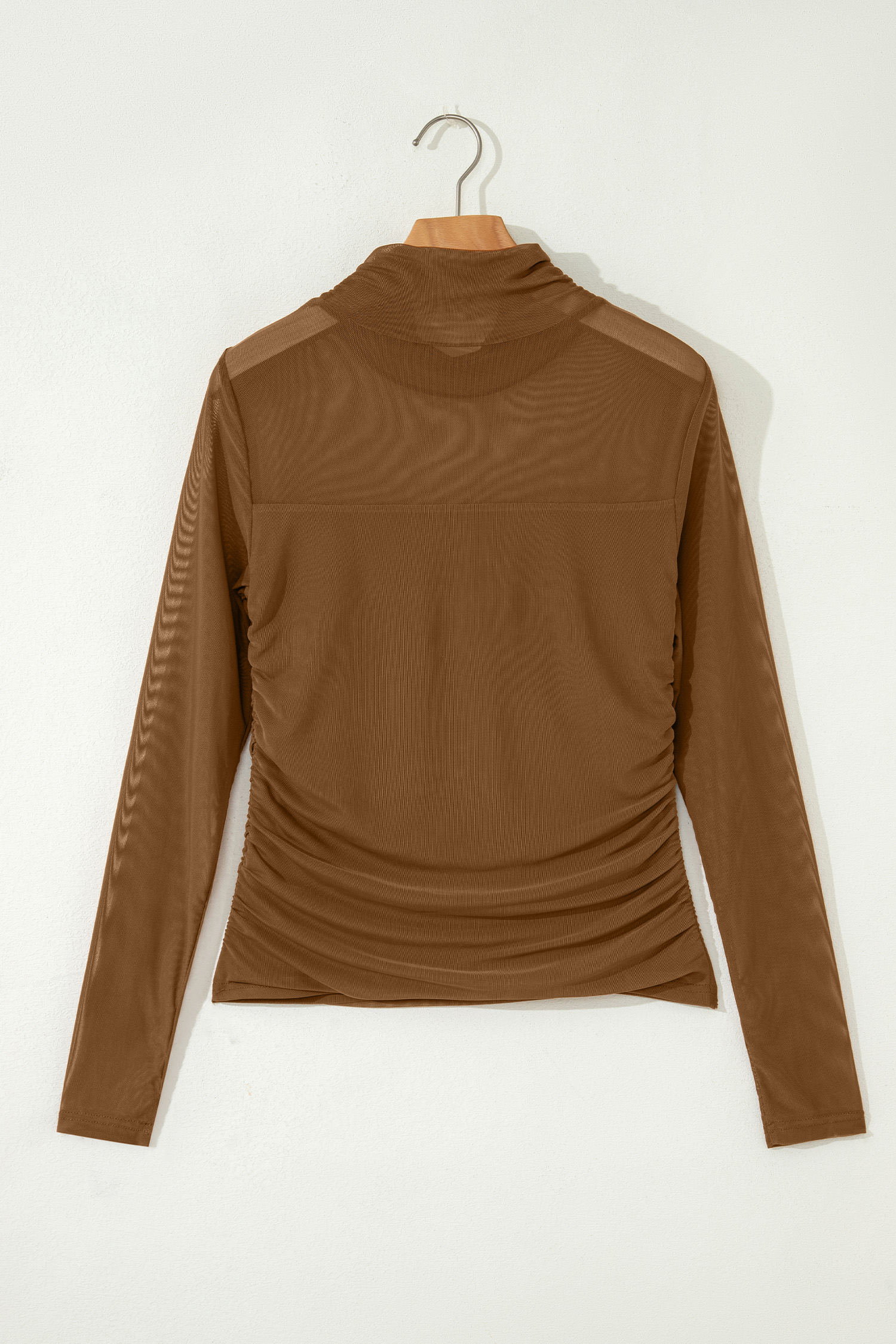 Coffee Sheer Mesh Patchwork High Neck Long Sleeve Top - Image 4
