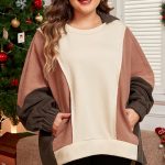 Brown Exposed Seam Colorblock Plus Size Hoodie